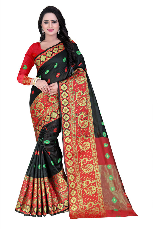 ecolors fab Woven Banarasi Poly Silk, Cotton Silk, Art Silk, Tussar Silk Saree(Black)