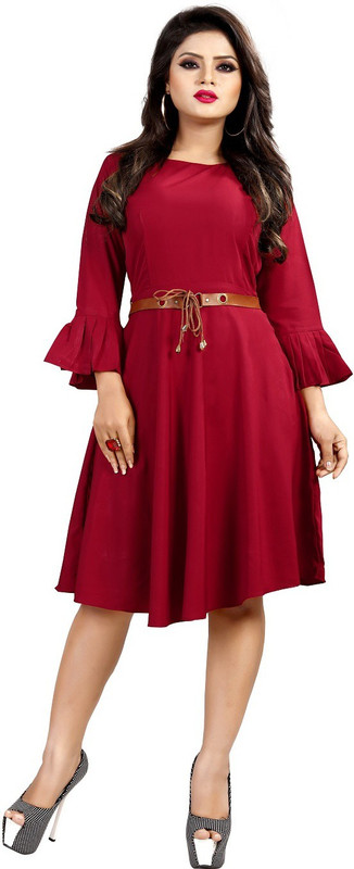 smf Women Fit and Flare Maroon Dress