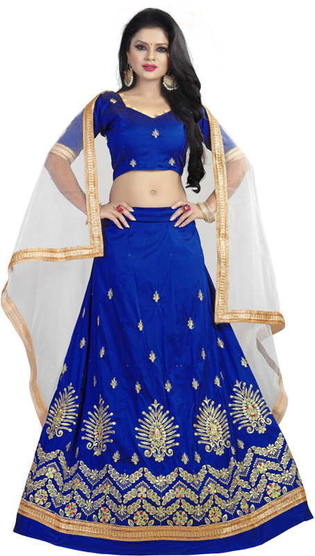 plaincraft enterprise Embellished Semi Stitched Lehenga, Choli and Dupatta Set(Gold, Blue)
