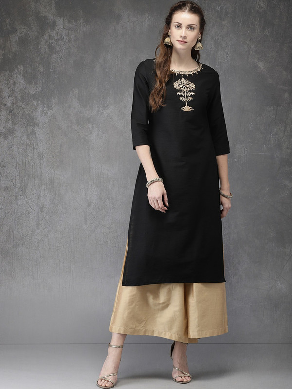 Buy Anouk Women Embroidered Straight Kurta Black Online at