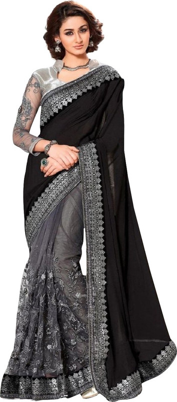b bella creation Embroidered Bollywood Georgette Saree(Black, Silver)