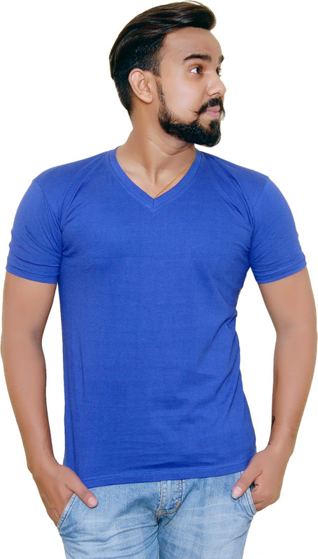 rhythem Solid Men V Neck Blue T-Shirt