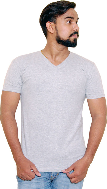 rhythem Solid Men V Neck Grey T-Shirt