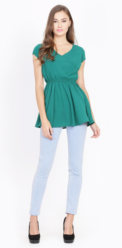shaper Party Short Sleeve Solid Women Green Top