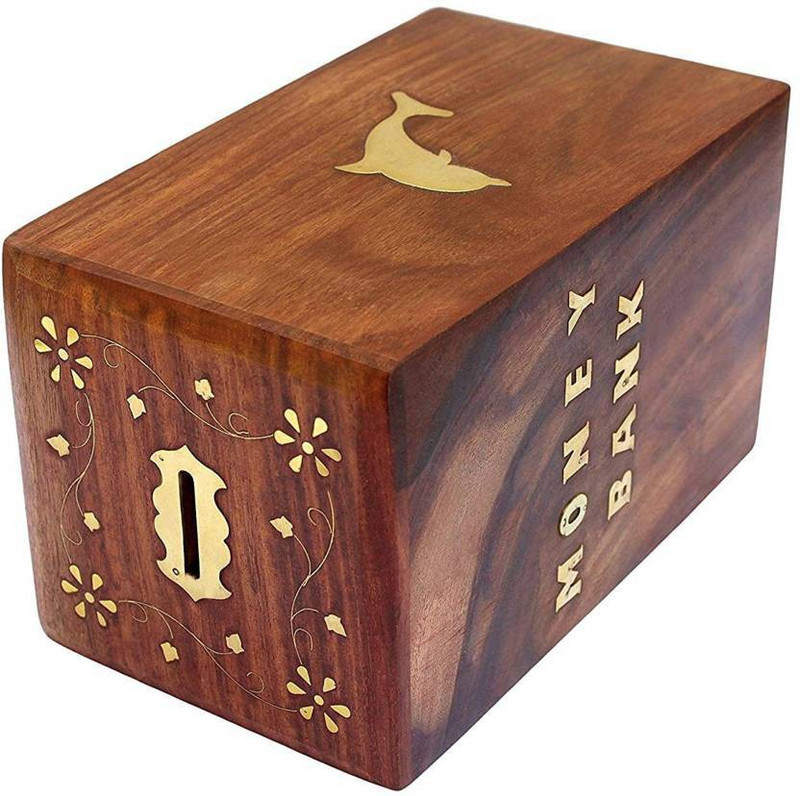 wood city handicrafts Wooden Dolphin Coin Box Coin Bank(Brown)