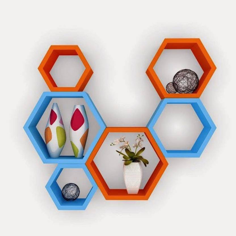sky art Beautiful Handmade Wooden MDF Hexagon Shape MDF (Medium Density Fiber) Wall Shelf(Number of Shelves - 6, Blue, Orange)