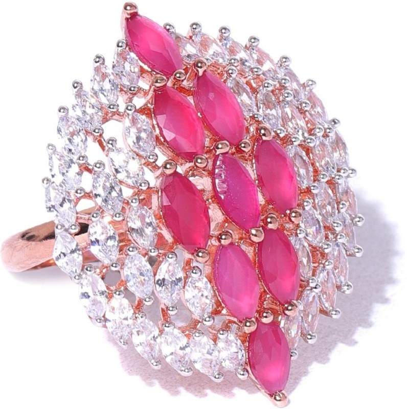 Priyaasi Priyaasi Rose Gold-Plated Pink CZ Stone-Studded Adjustable Finger Ring Brass Cubic...