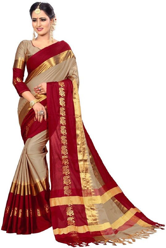 vinayak trendz Self Design Fashion Cotton Silk Saree(Beige, Maroon)