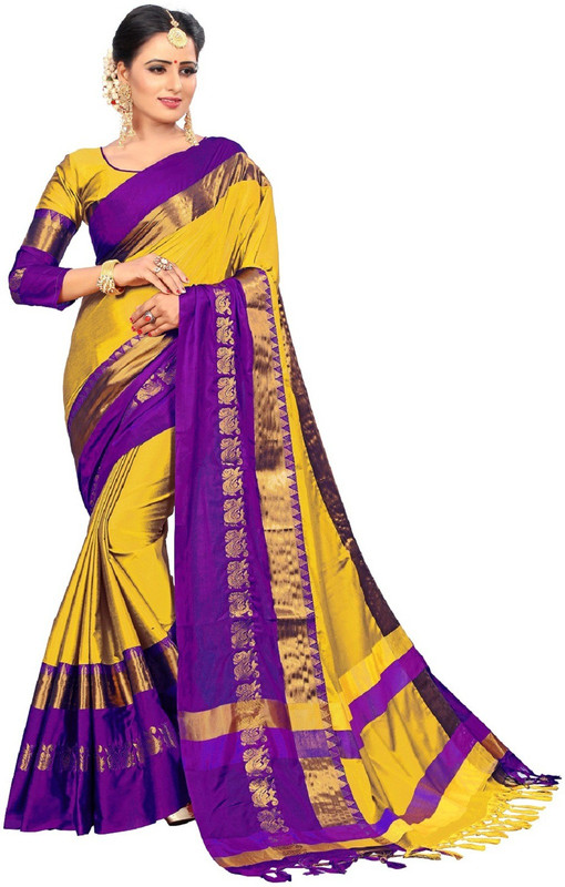 vinayak trendz Self Design Fashion Cotton Silk Saree(Gold)