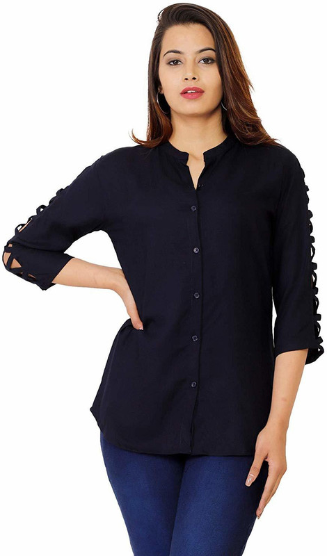 silkova Casual Cutout Sleeve Solid Women Dark Blue Top