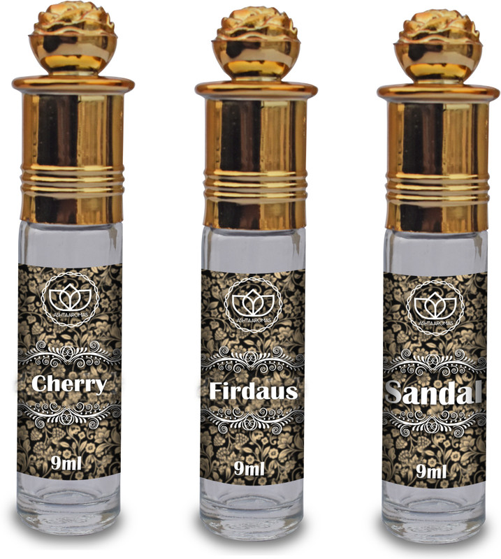 ASHTAAROMAS Sandal, Cherry and Firdaus Set of 3 Combo Attar, Long Lasting (9ML Each) Herbal Attar(Fruity)