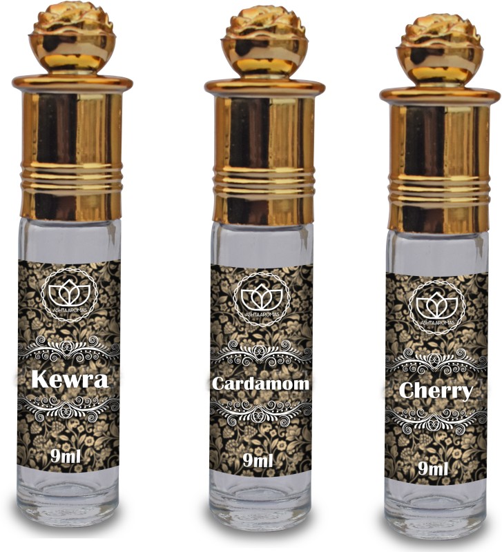 ASHTAAROMAS Cardamom, Kewra and Cherry Set of 3 Combo Attar, For Unisex (9ML Each) Floral Attar(Kewda)