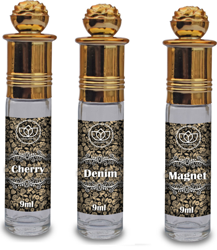 ASHTAAROMAS Cherry, Denim and Magnet Attar, (3 Pcs Combo of 9ML Each) Floral Attar(Floral)