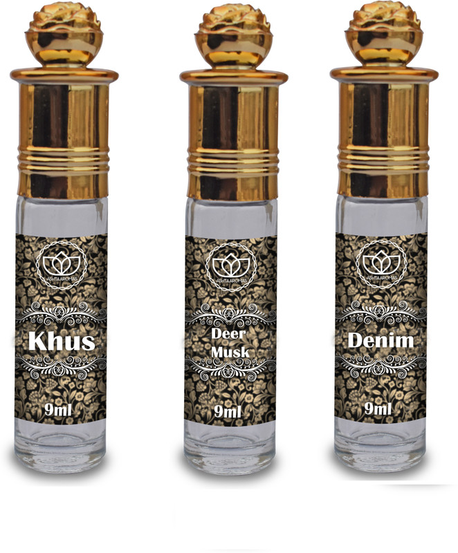 ASHTAAROMAS Set of 3 Combo Of Khus, Deer Musk and Denim Attar for Unisex (9 ML Each) Floral Attar(Floral)