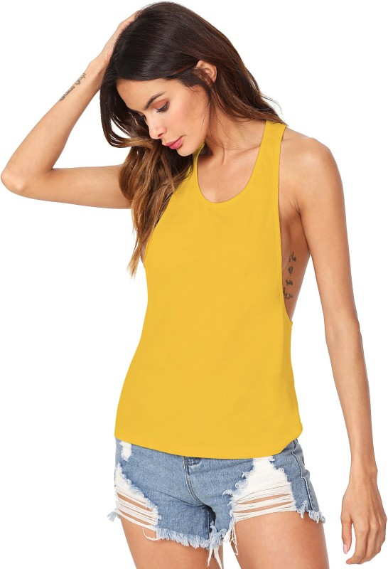 THE BLAZZE Casual No Sleeve Solid Women Yellow Top