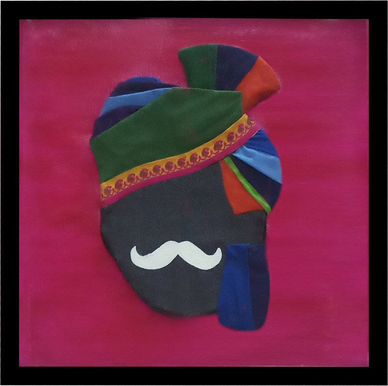 saffron interio Nirmiti Creation Painting of Mardana Rajasthani Safa with feather on fastive ocasson.- Size 30 x 30 x 2 cm Canvas 2 inch x 35 inch Painting