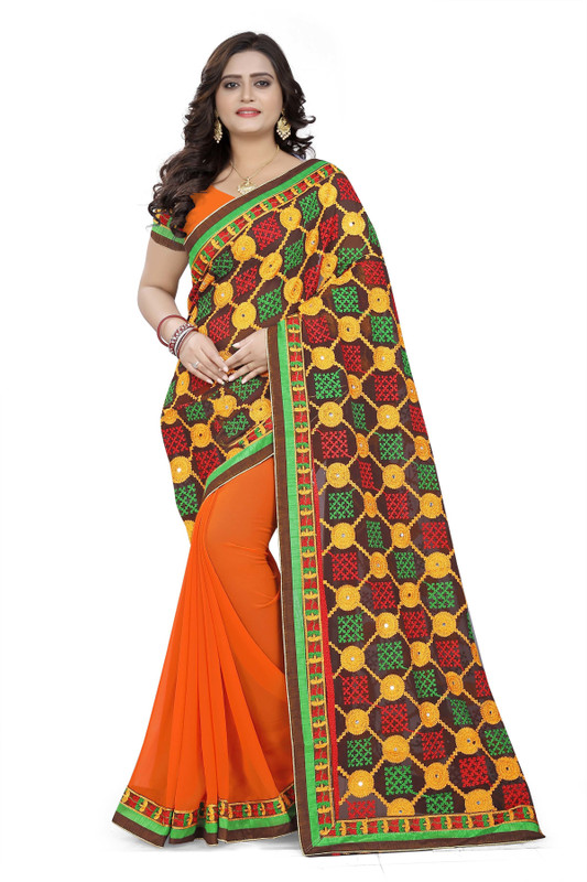 serona fabrics Embroidered Fashion Poly Georgette Saree(Orange)