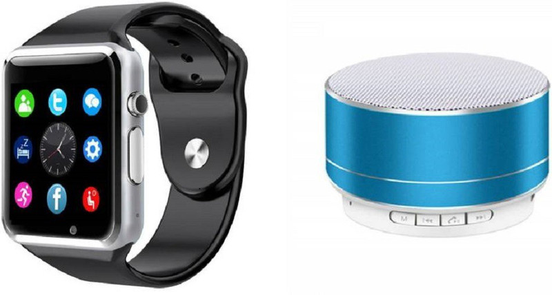 mobifox COMBO OF WATCH & PORTABLE SPEAKER SILVER, BLUE Smartwatch(Black Strap free size)