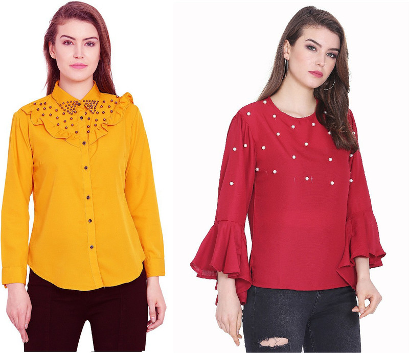 preet gehna Casual Regular Sleeve, Flute Sleeve Embellished Women Red, Yellow Top