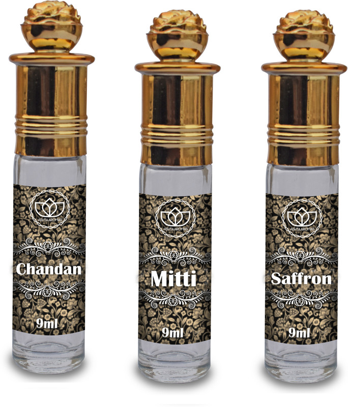 ASHTAAROMAS Saffron, Chandan and Mitti Set of 3 Combo Attar, Long Lasting (9ML Each) Herbal Attar(Saffron)