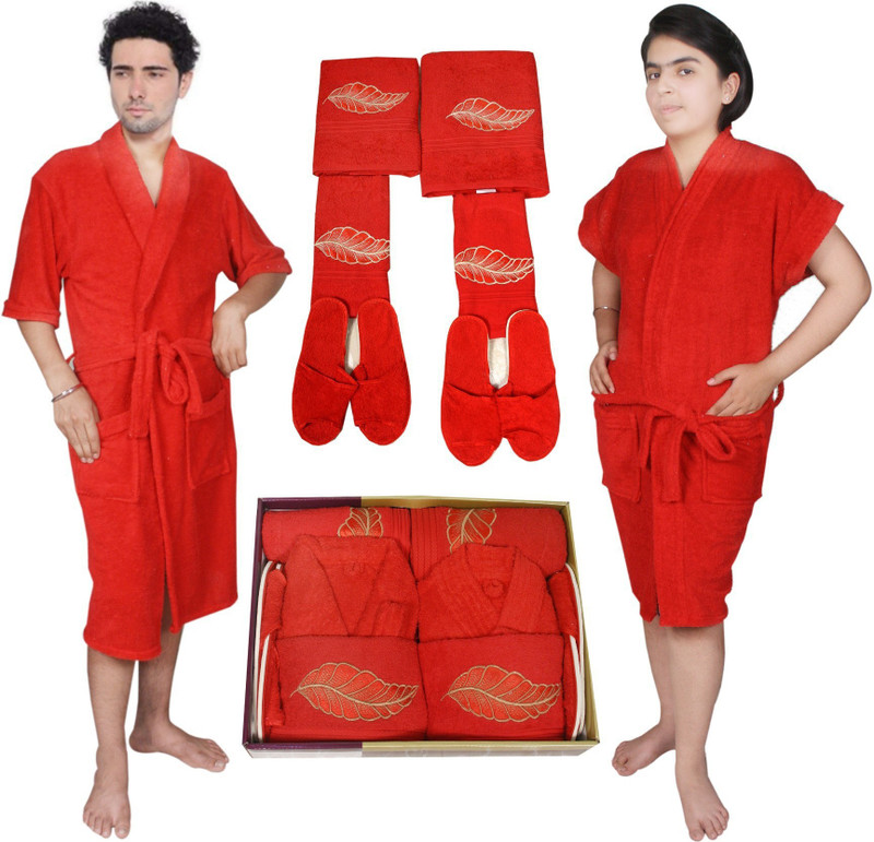 kajal enterprises Orange Free Size Bath Robe(1 set handy towels, 1 Men Bath Robe, 1 set bath towels, Bath robe set, 2 sets bath sleepers, 1 Women Bath Robe, For: Men & Women, Orange)