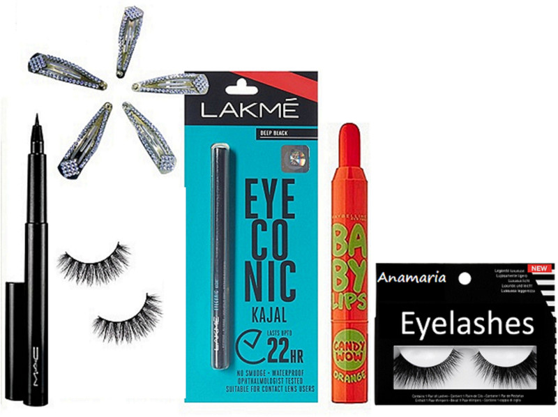 anamaria Eyelashes-2, Pen Eyeliner, Eye conic Kajal, Lip Balm With Hair Clips-5(10 Items in the set)