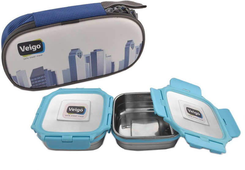 veigo Lock N Steel 100% Air Tight 2 Container Lunch Box With Bag Blue 2 Containers Lunch Box(700 ml)