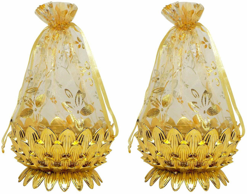 glan Plastic Gift Flower Shape Basket Use For Christmas Gift, Golden, Pack 1 Potli(Gold)