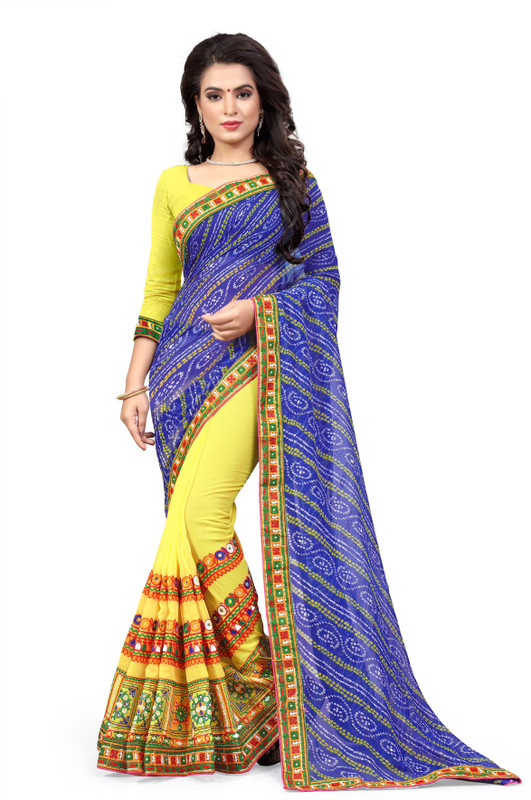 serona fabrics Embroidered, Embellished Bandhej Poly Georgette Saree(Blue)