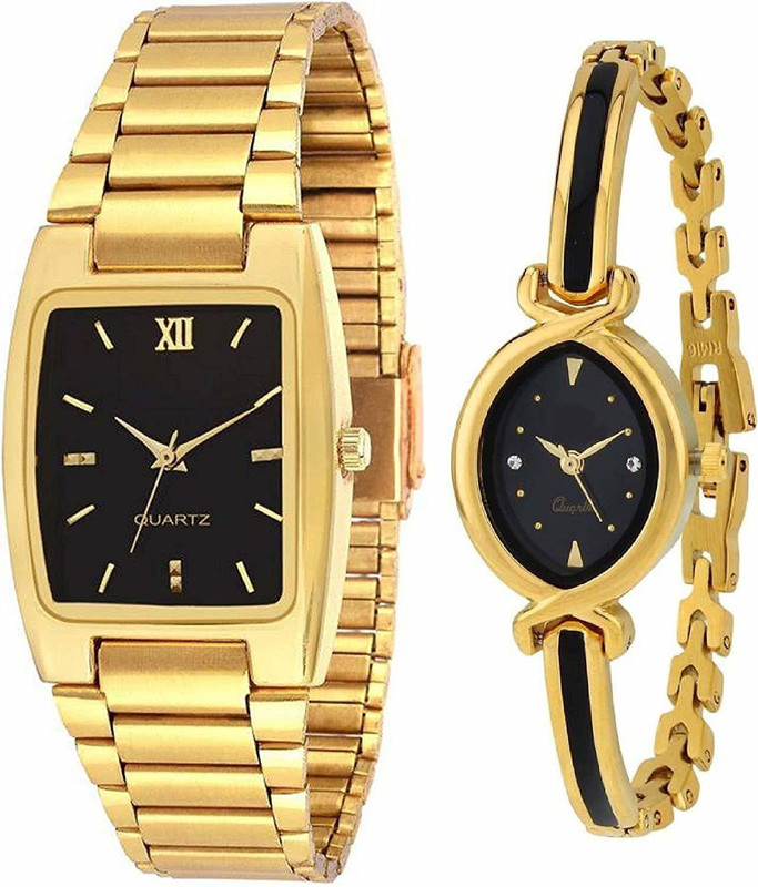 liptical gold color metal belt with black square dial and goldblack color metal belt with black round dial latest design of watches for couples Analog Watch  - For Men & Women