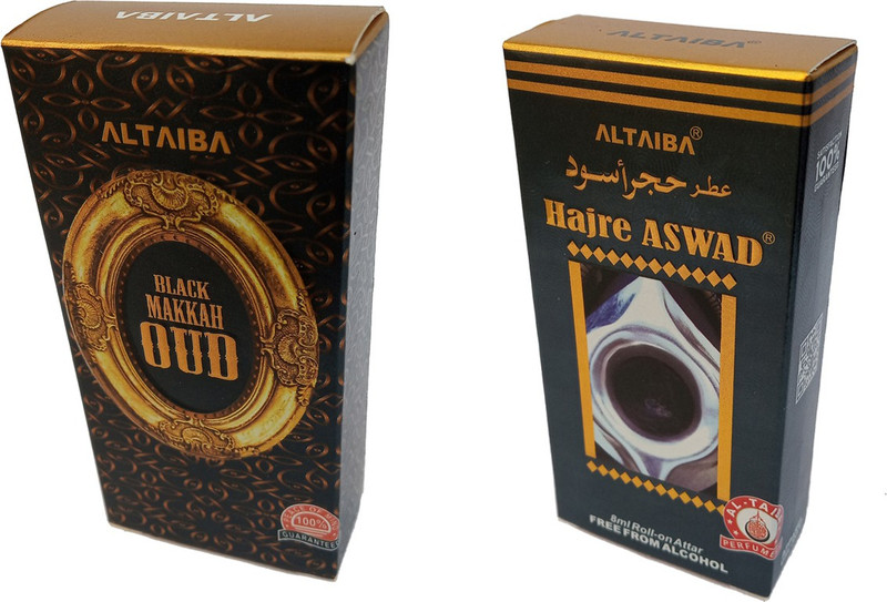 Altaiba Black Makka Oud 6ml and Hajre Aswad 8ml Combo Pack Attar Alcohol Free Pack of 2 Floral Attar(Floral)