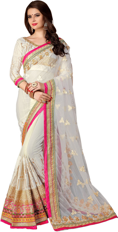 DOLVIA Embroidered, Applique Bollywood Georgette, Net Saree(White) DOLVIA Embroidered, Applique Bollywood Georgette, Net Saree(White)