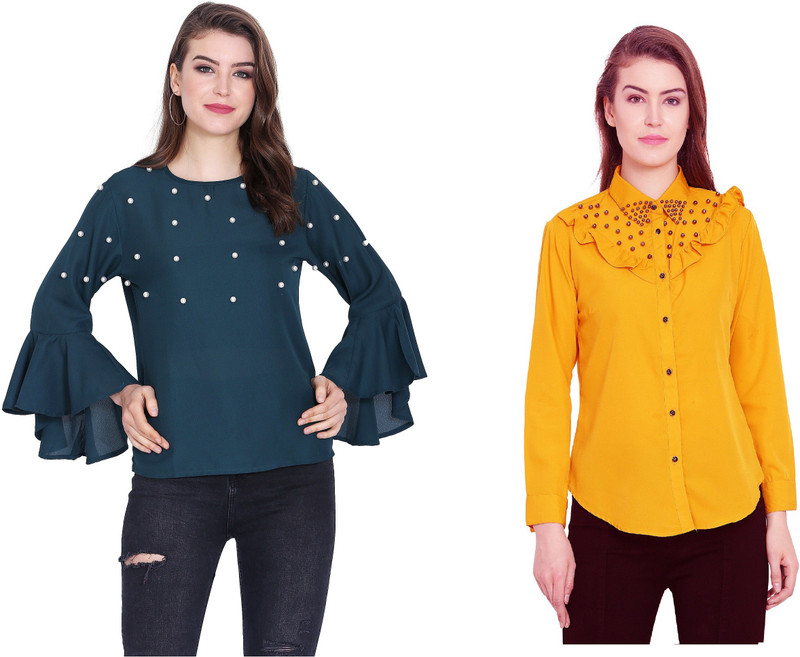 preet gehna Casual Cuffed Sleeve, Flute Sleeve Solid Women Green, Yellow Top