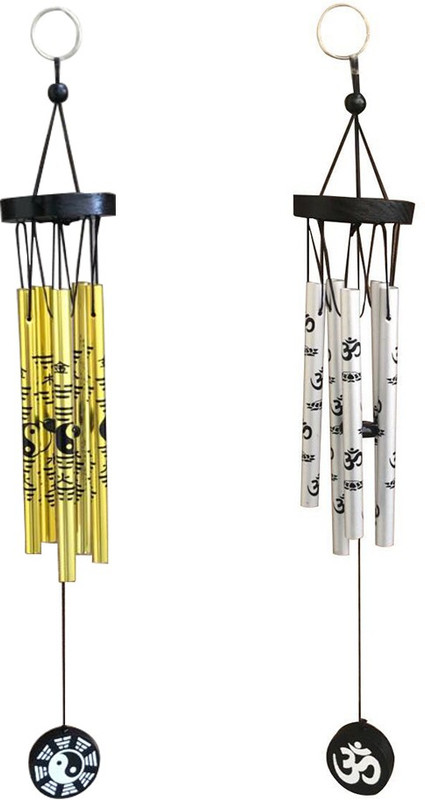 vyne Combo Of Ying Yang 5 Pipe Golden And Om Silver 5 Pipe Windchime Brass Windchime(8 inch, Gold, Silver, Black)