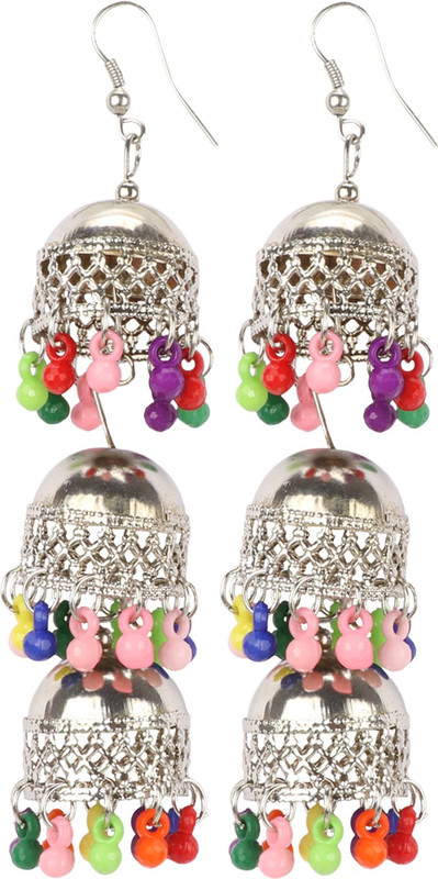zilleria Antique Long Chain Triple Afghani Kashmiri Tribal Oxidized Jhumka Alloy Jhumki Earring, Drops & Danglers multicolor Metal, Alloy Jhumki Earring, Earring Set