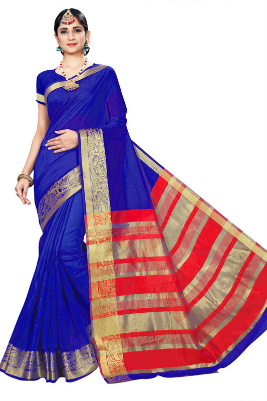 neeah Woven Banarasi Cotton Silk, Jacquard Saree(Blue)