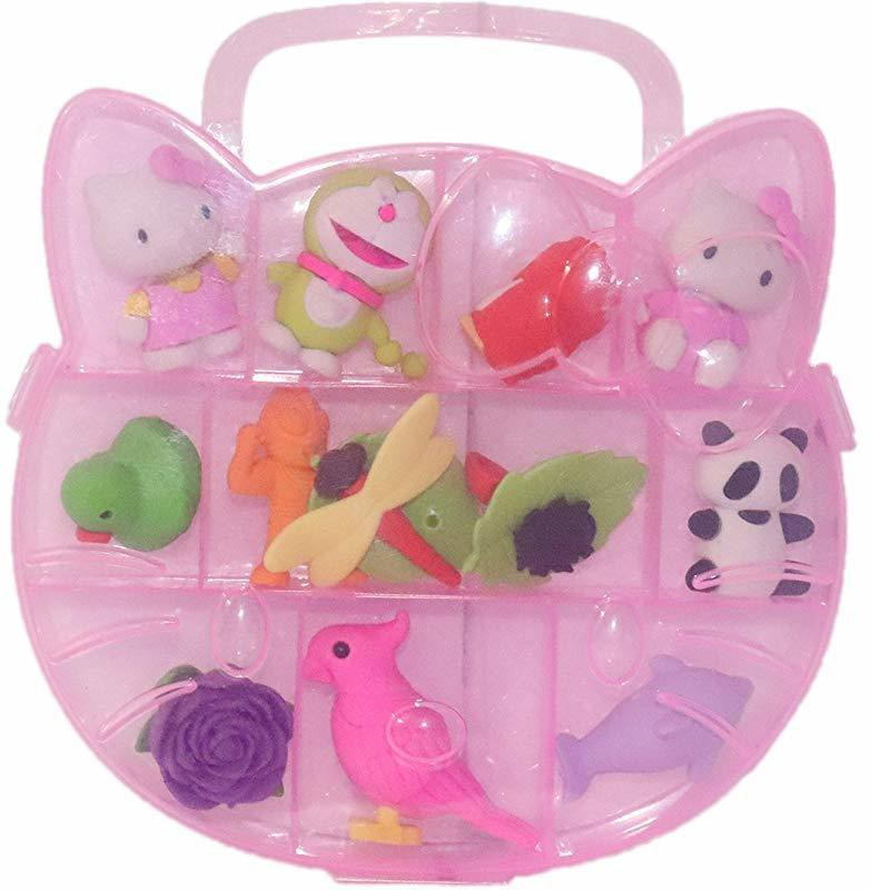 prezzie villa Different Cartoon Shape Erasers in a Kitty Box for Kids Non-Toxic Eraser(Set of 12, Multicolor)