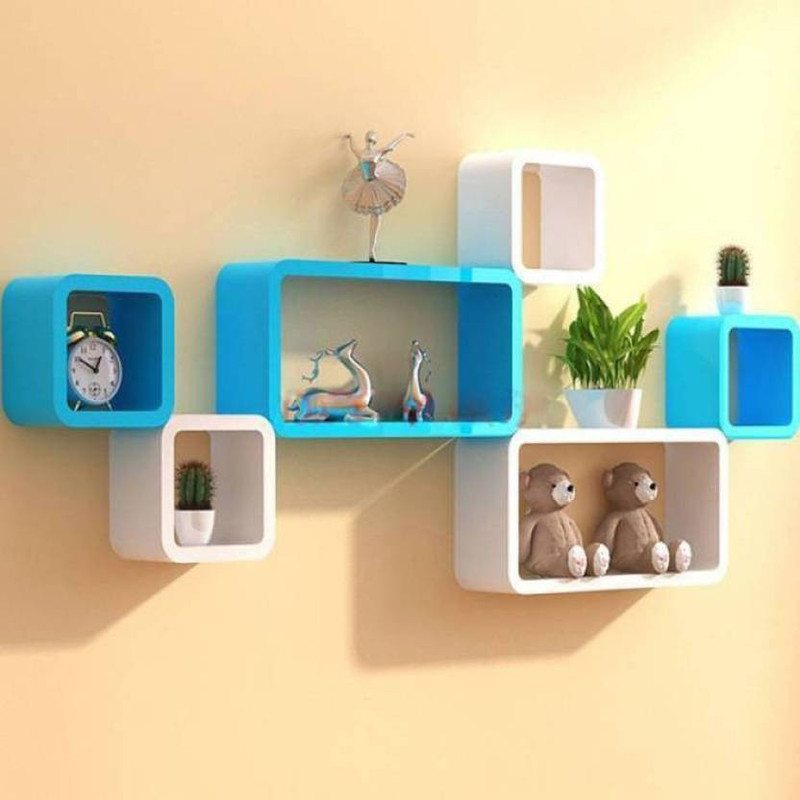 khan handicrsfts WOODEN WALL SHELF CUBE SHELF MDF (Medium Density Fiber) Wall Shelf(Number of Shelves - 6, White, Blue)