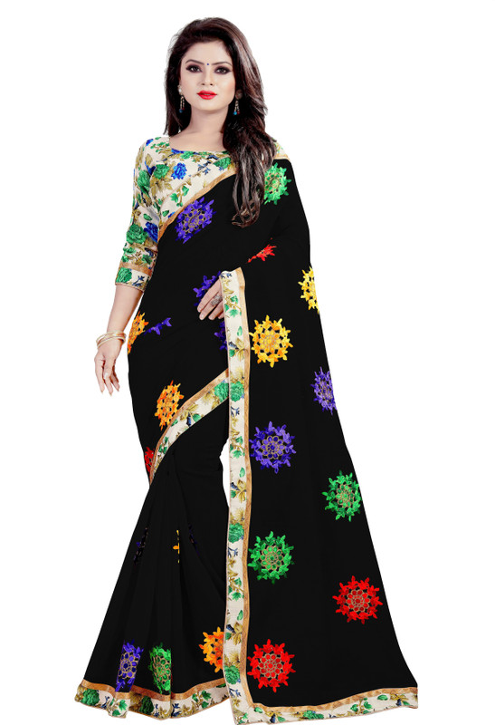 sat creation Embroidered Chanderi Cotton Silk Saree(Brown)