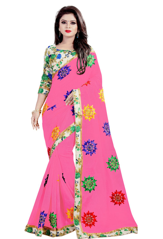 sat creation Embroidered Chanderi Cotton Silk Saree(Brown)