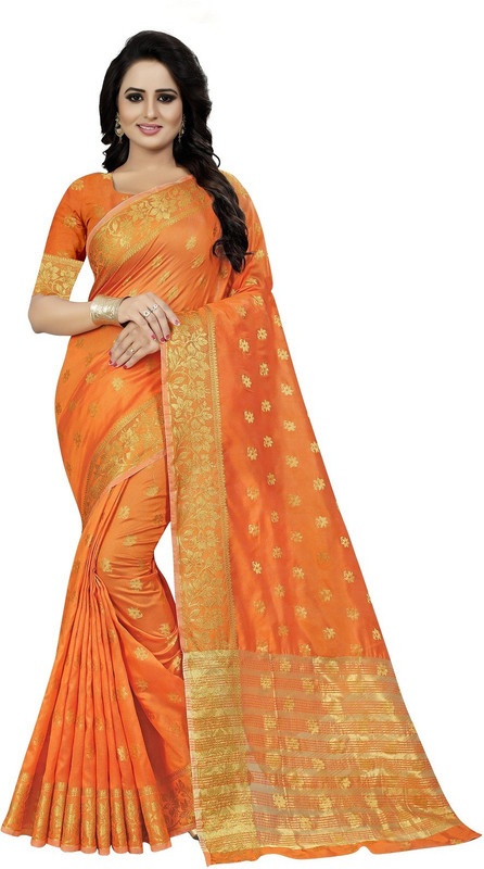 life store mart Self Design Kanjivaram Art Silk, Cotton Silk Saree(Orange)