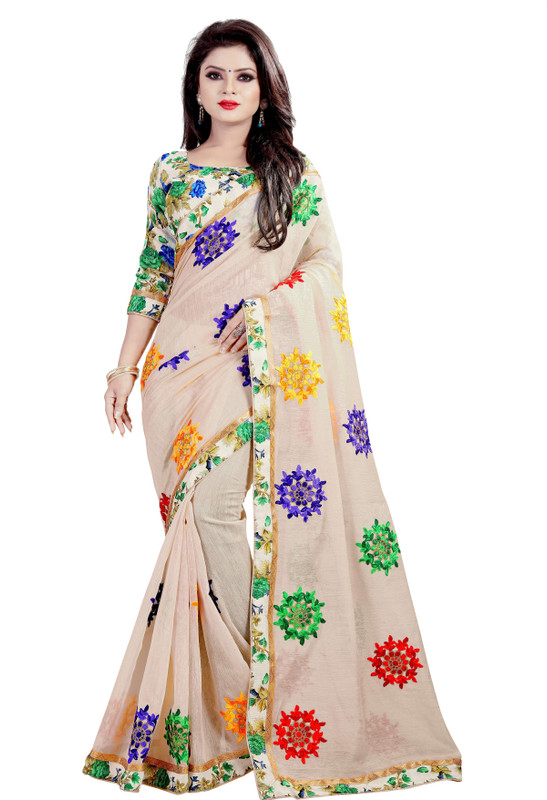 sat creation Embroidered Chanderi Cotton Silk Saree(Brown)