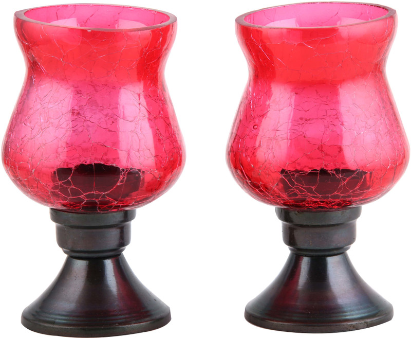 mejilla Antique Red Crackle Hurricane Tealight Candle Holder Set Of 2 Glass 2 - Cup Tealight Holder Set(Red, Pack of 2)