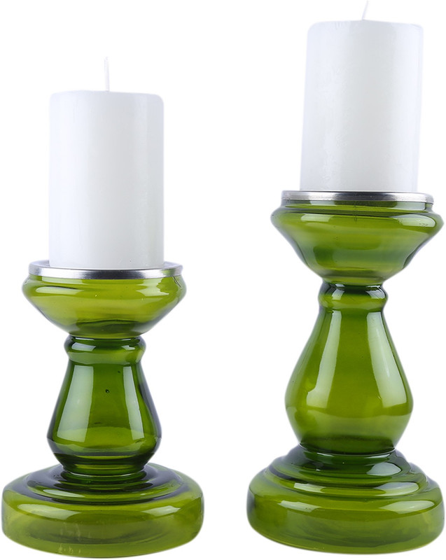 mejilla Clear Olive Green Royal Pillar Candle Holder Set Of 2 Glass Candle Holder Set(Green, Pack of 2)
