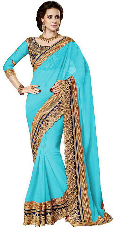 nimi fashion Embroidered Bollywood Handloom Poly Georgette Saree(Blue, Gold)
