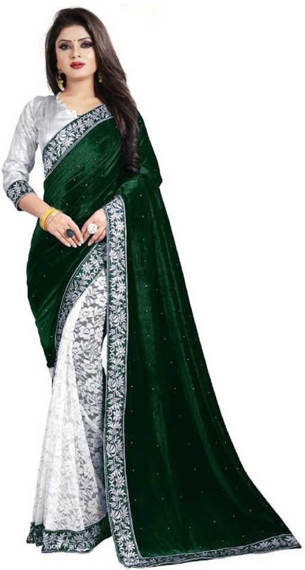 greeva fashion Embroidered, Embellished Bollywood Velvet Saree(Green)