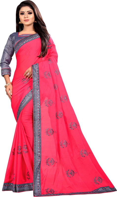 g fashion studio Solid, Embroidered, Self Design Daily Wear Chiffon Saree(Pink)