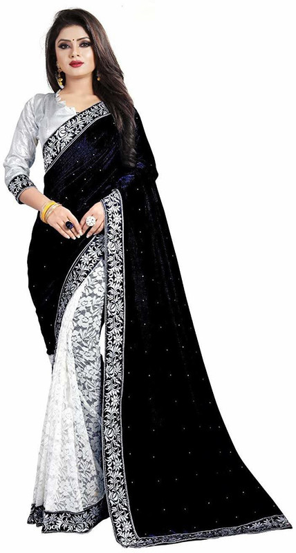 greeva fashion Embroidered, Embellished Bollywood Velvet Saree(Black)
