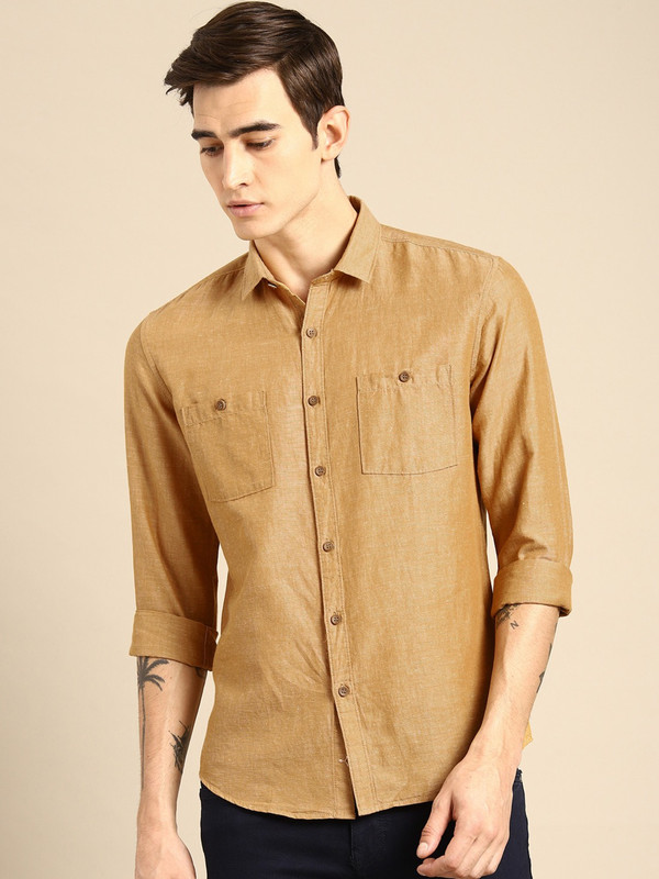 ether Men Solid Casual Khaki Shirt
