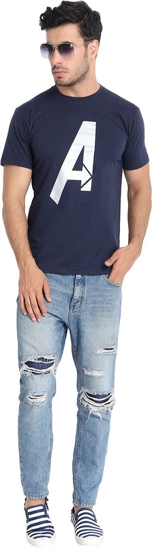 sai international Printed Men & Women Round Neck Dark Blue T-Shirt